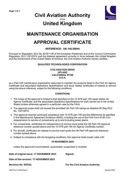 QTC UK CAA Maintenance Organisation Approval Certificate