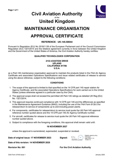 QTC UK CAA Maintenance Organisation Approval Certificate