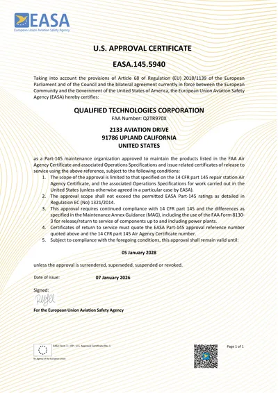QTC EASA Part 145 Approval Certificate