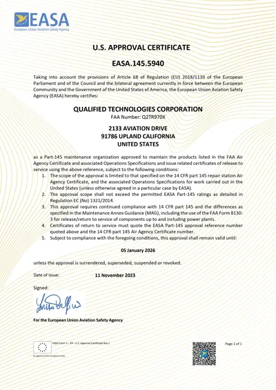 QTC EASA Part 145 Approval Certificate