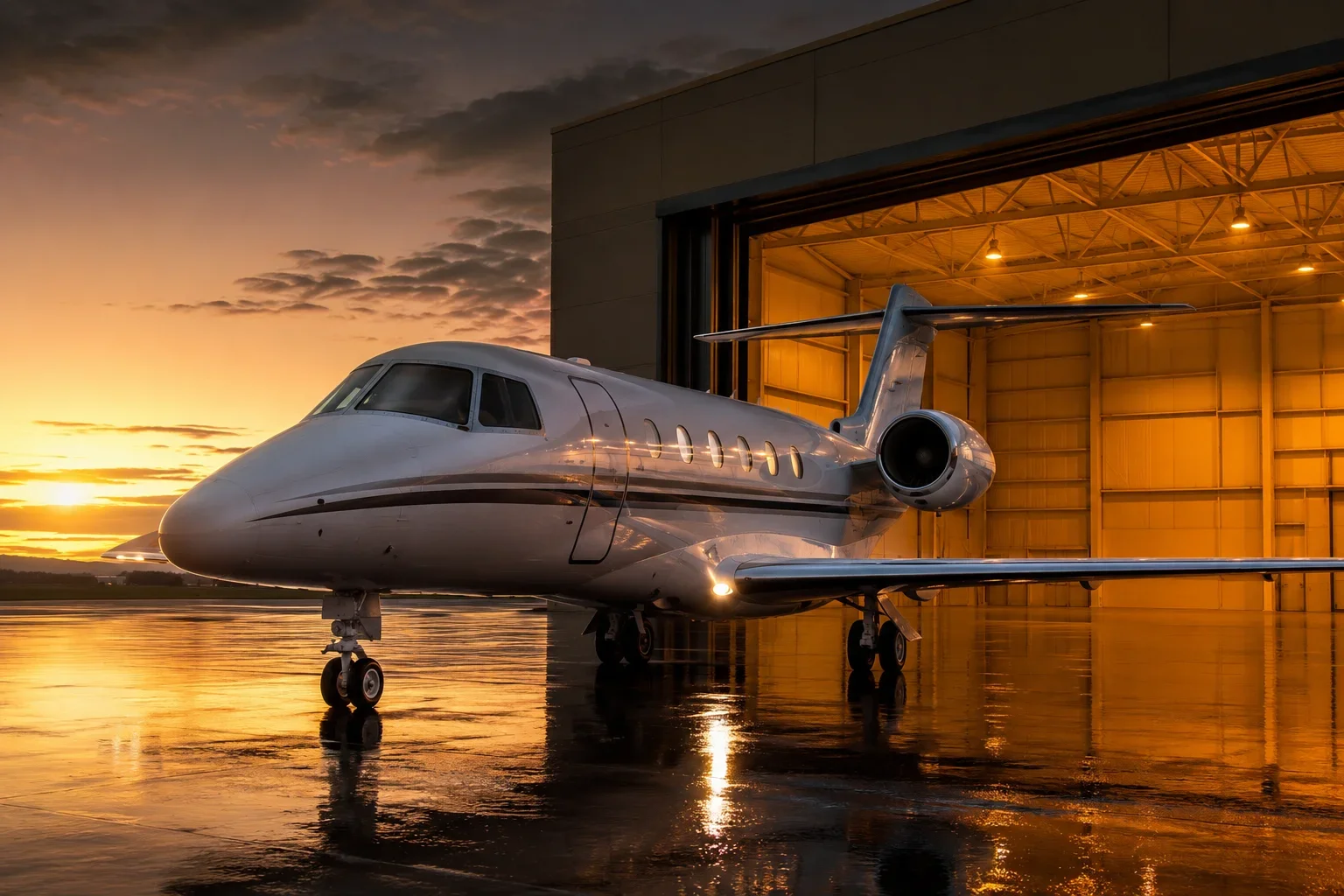 Business jet parked at a hangar at golden hour
